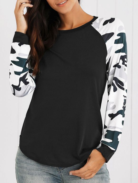 Tee-shirt asymétrique à manches raglan imprimées camouflage - Noir 2XL