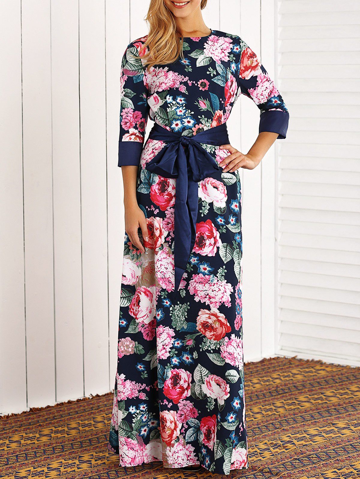 

Retro 3/4 Sleeve Floral Printed Maxi Dress, Purplish blue