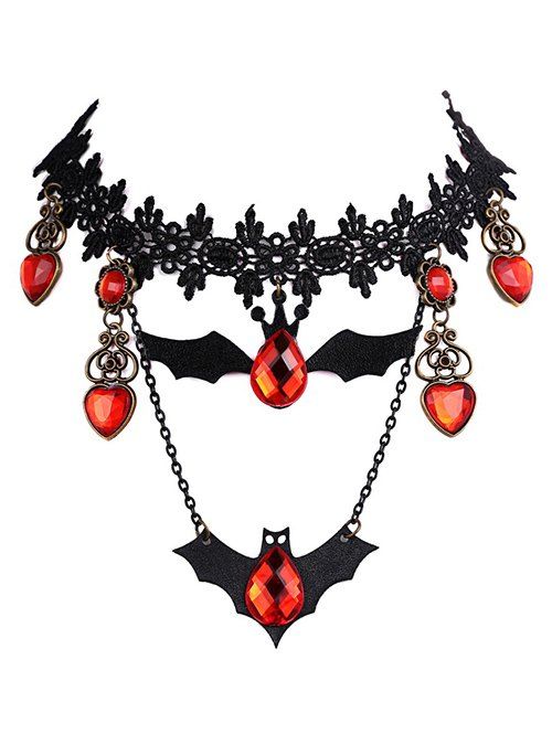 Faux Crystal Heart Bat Halloween Necklace - BLACK 