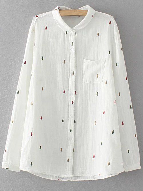 Shirt manches longues col brodé en vrac shirt - Blanc 2XL