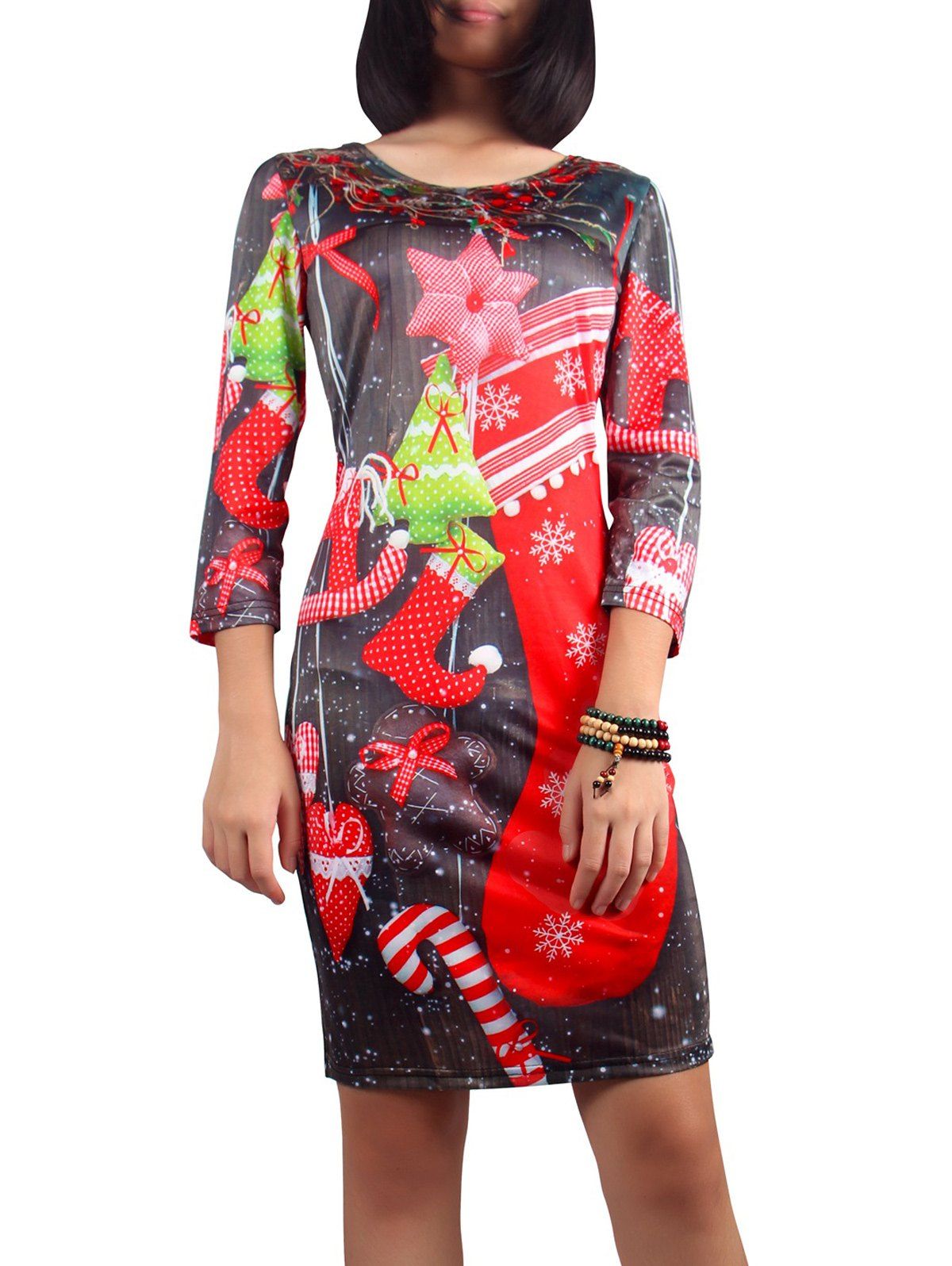 

Christmas 3/4 Sleeve Scoop Neck Printed Dress, Red