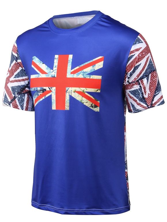 Round Flag Neck Printed à manches courtes T-shirt - Bleu 3XL