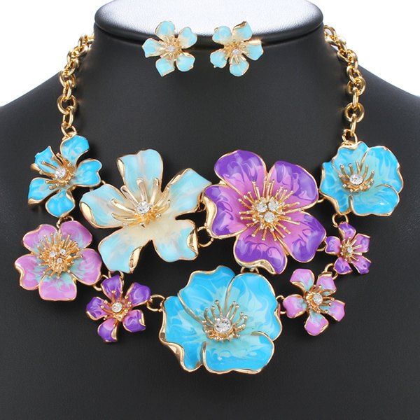 

Winter Collocation Flower Rhinestone Fake Collar Necklace Earrings, Blue