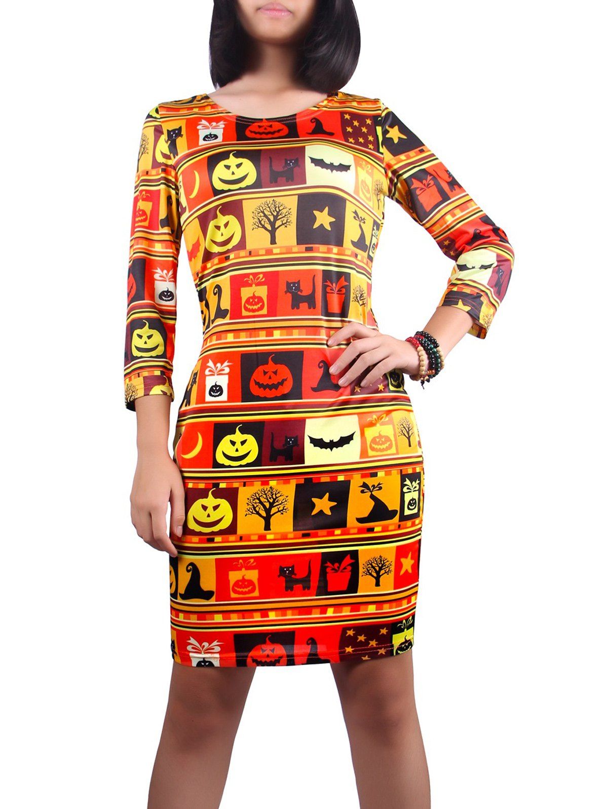 

3/4 Sleeve Halloween Pumpkin Lantern Print Dress, Yellow