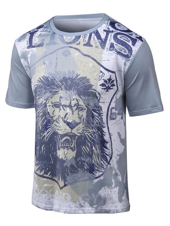 T-shirt imprimé col rond manches courtes 3D Lion - Gris L