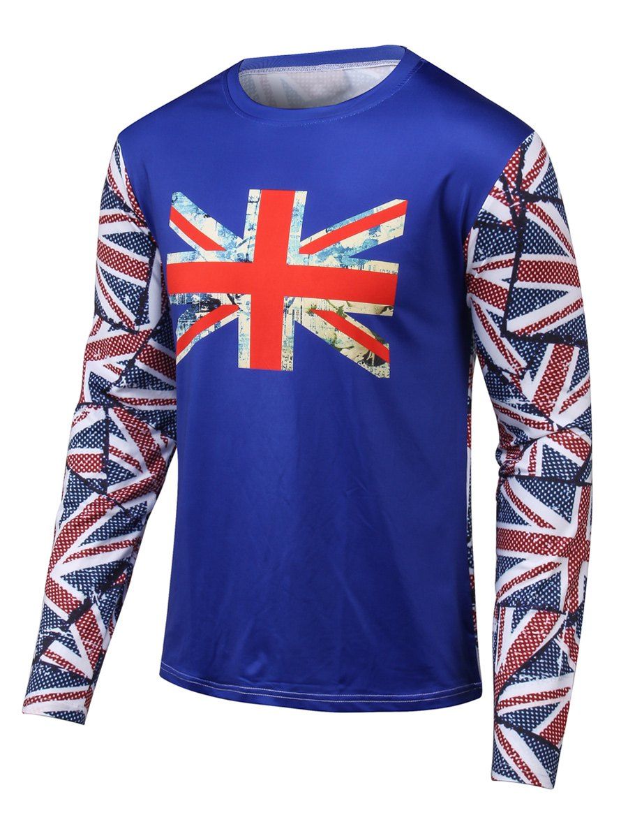 

Long Sleeves Flag Printed Round Neck T-Shirt, Blue