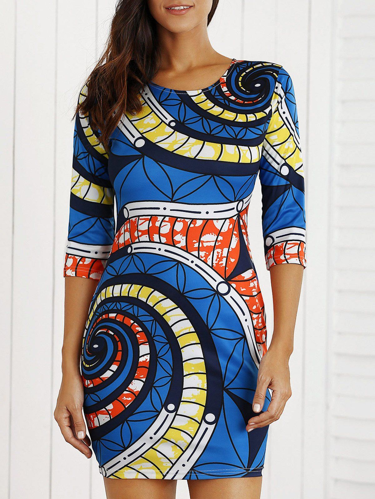 

Geometric Printed Color Block Mini Bodycon Dress, Blue