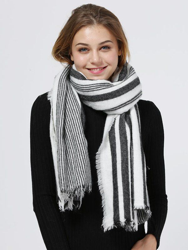 

Vertical Stripes Pattern Fringed Shawl Scarf, White and black