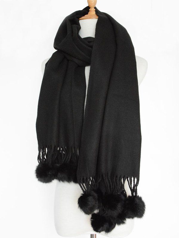 

Small Fuzzy Ball Pendant Solid Shawl Scarf, Black