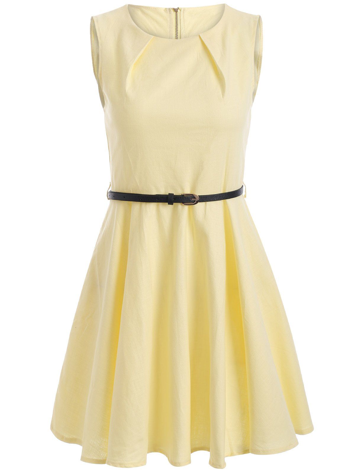 

Sleeveless Solid Color Flare Dress, Light yellow