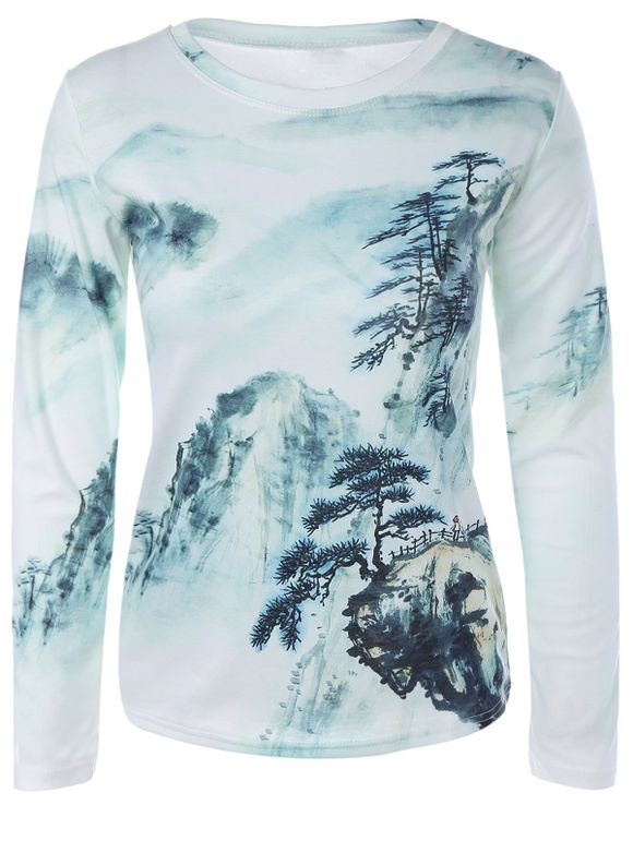 Montagne Paysage 3D Print manches longues T-shirt - vert foncé 3XL