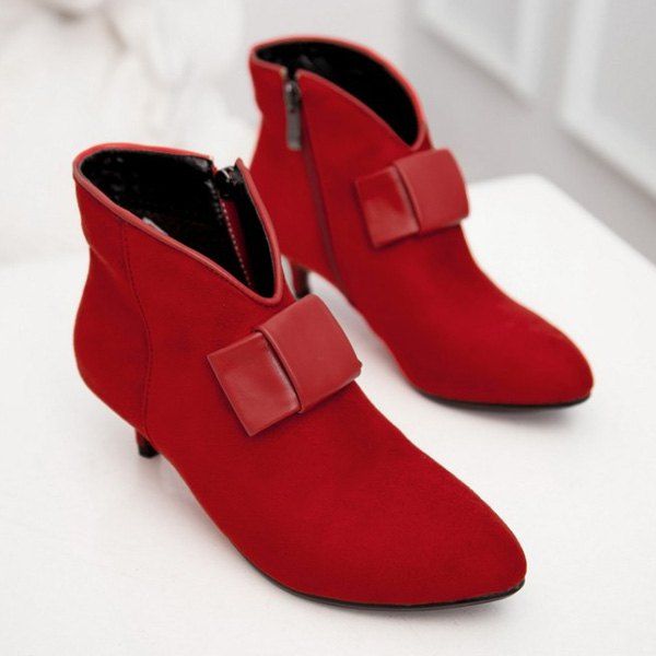 

Zipper Suede Bowknot Ankle Boots, Red