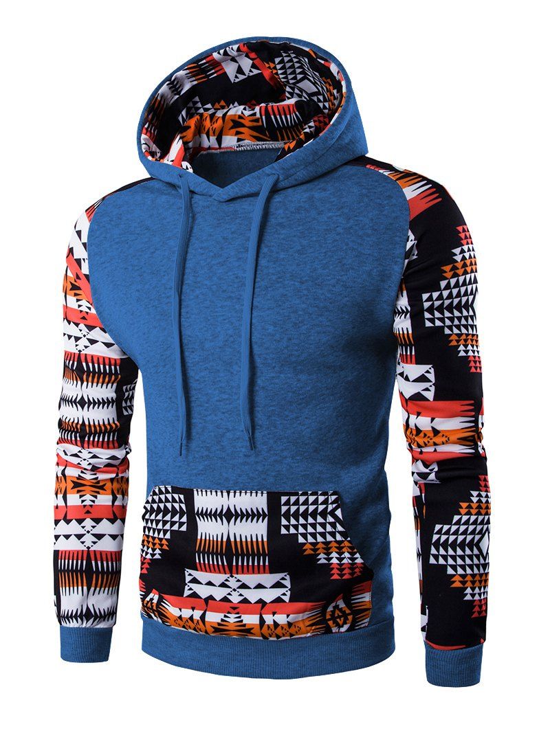 

Geometric Print Patchwork Design Hoodie, Blue