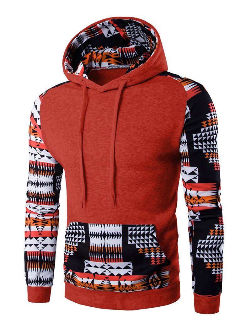 

Geometric Print Patchwork Design Hoodie, Red