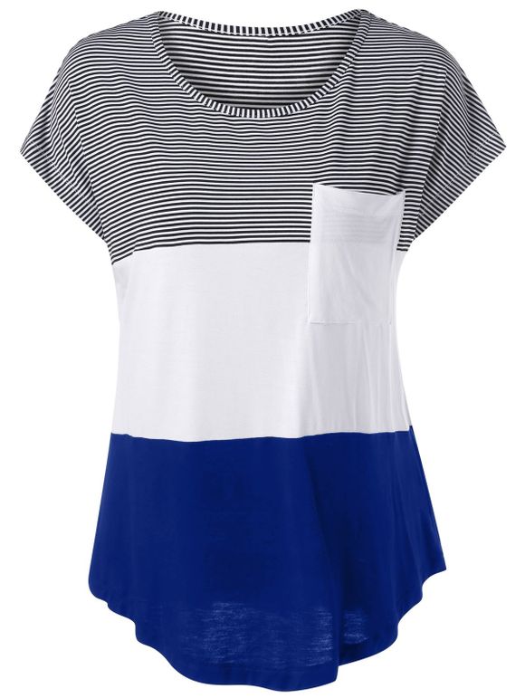 Cap Sleeve Color Block Asymmetrical T-Shirt - WHITE/BLUE/BLACK L