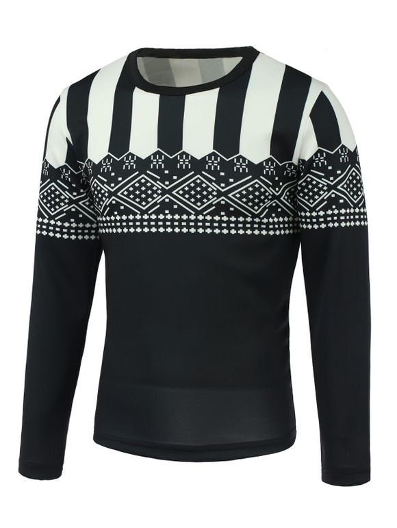 Col rond manches longues géométrique et imprimé rayures Sweatshirt - Noir 3XL