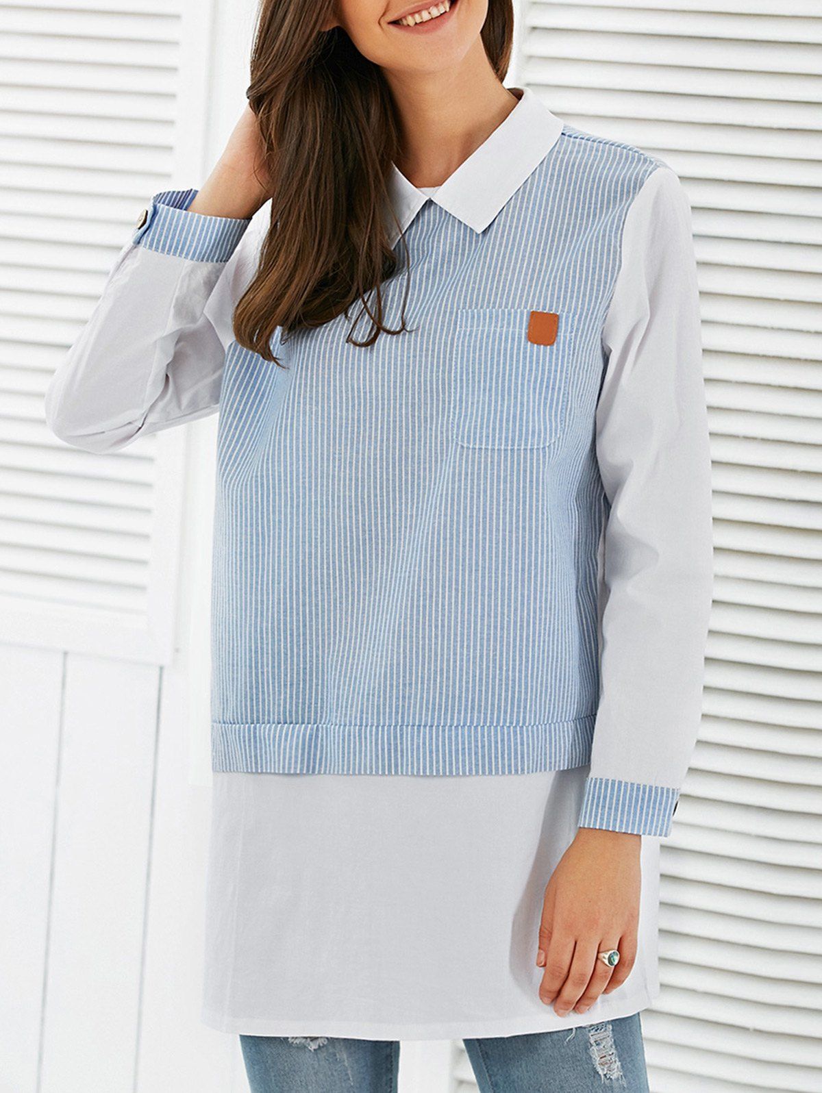 

Pinstripe Long Sleeve Pocket Blouse, Light blue