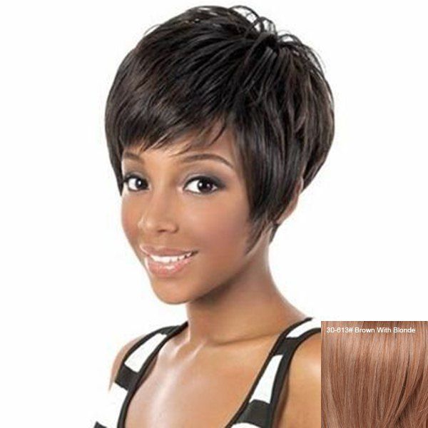 

Fluffy Short Inclined Bang Straight Human Hair Wig, Brown with blonde