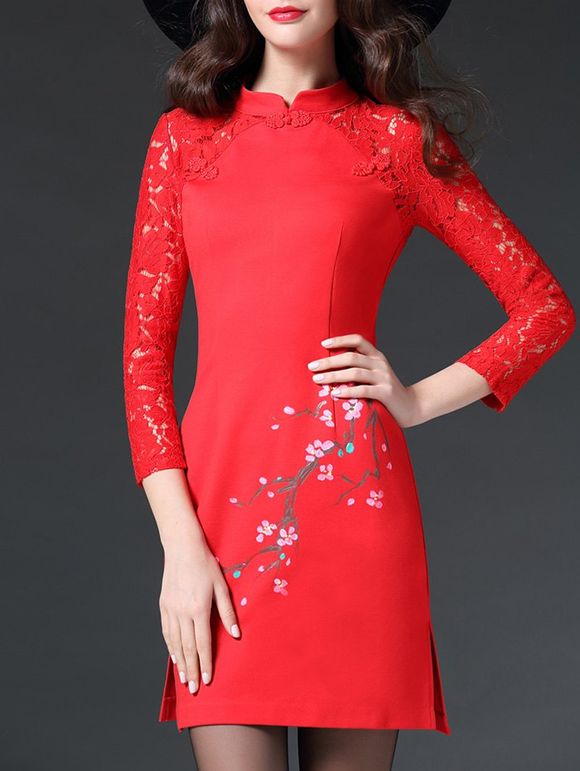 Side Slit Blossom Imprimer dentelle Spliced ​​cheongsam robe - Rouge XL