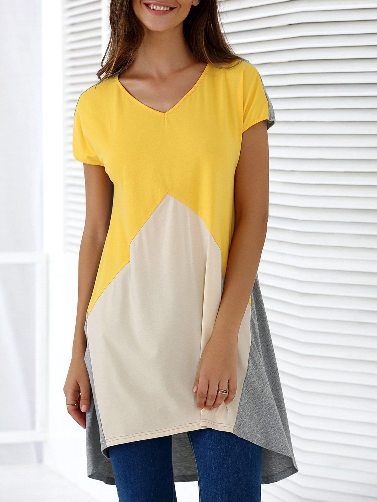 Fashionable Women's V-Neck Short Sleeve Contrast Color Loose-Fitting Blouse