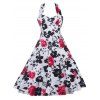 Swing Halter Floral Print Shirred Dress - Noir et Blanc et Rouge 2XL