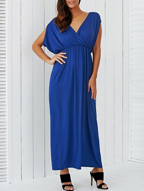 [17 Off] 2019 V Neck Empire Waist Surplice Maxi Evening Dress In Sapphire Blue Dresslily
