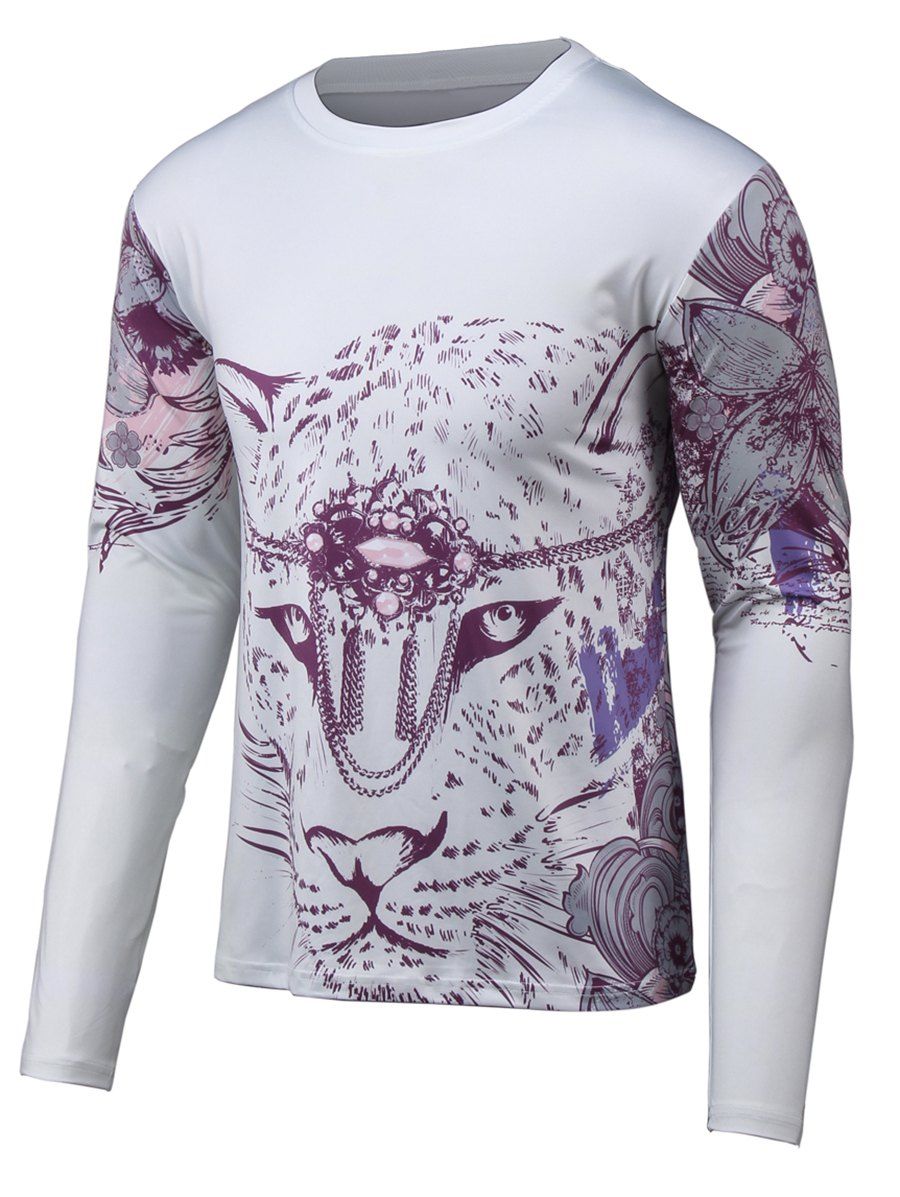 

Round Neck Long Sleeve Floral 3D Print T-Shirt, Gray