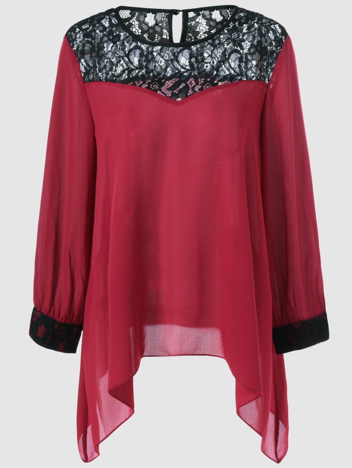 

Plus Size Lace Splicing Asymmetrical Blouse, Deep red