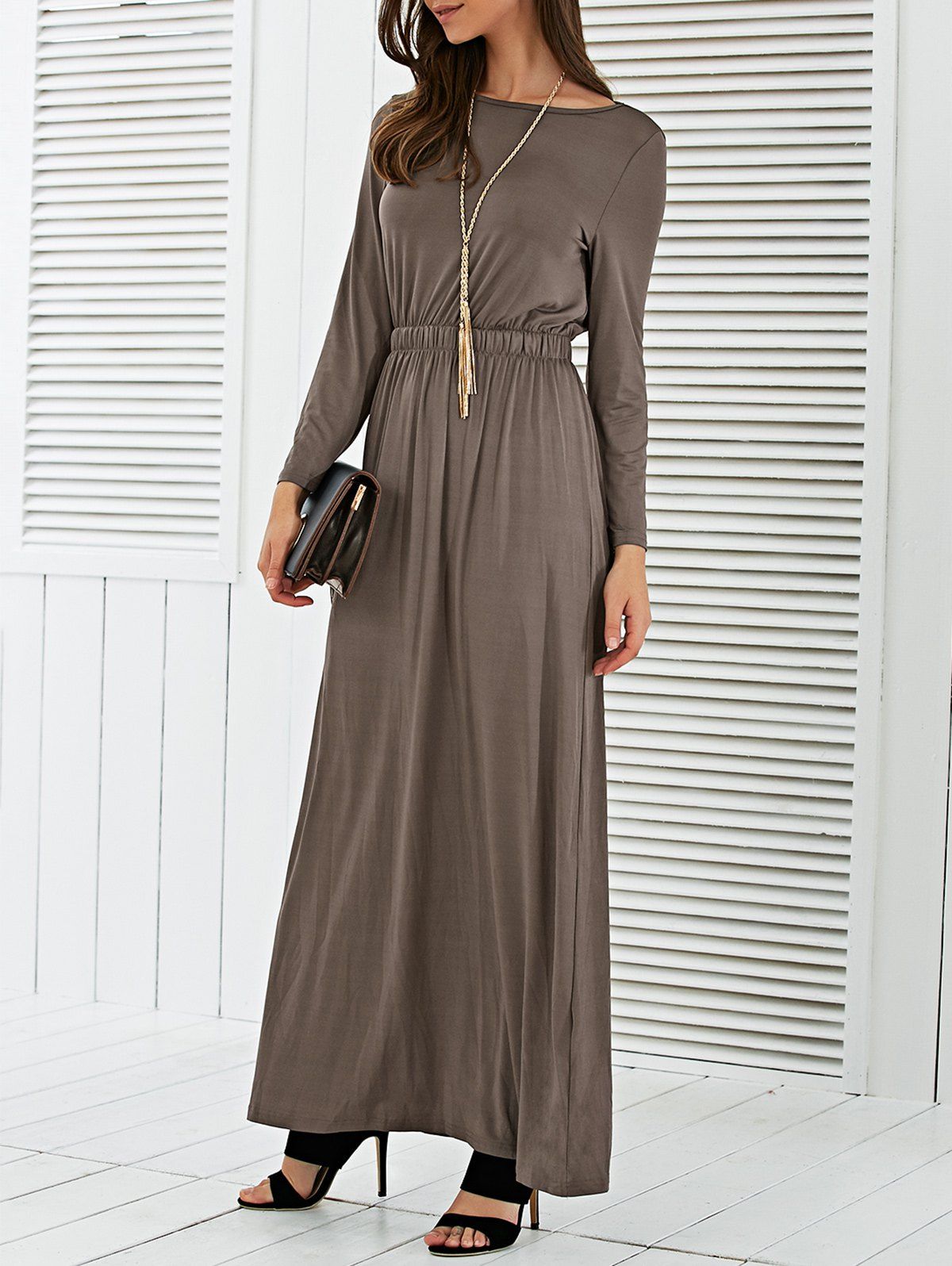 

Long Sleeve Waisted Maxi Dress, Coffee