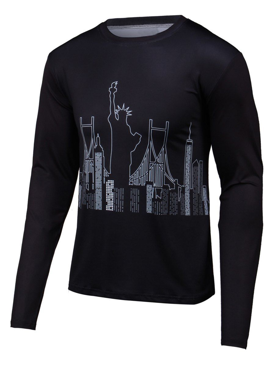 

Round Neck Long Sleeve 3D Building Print T-Shirt, Black