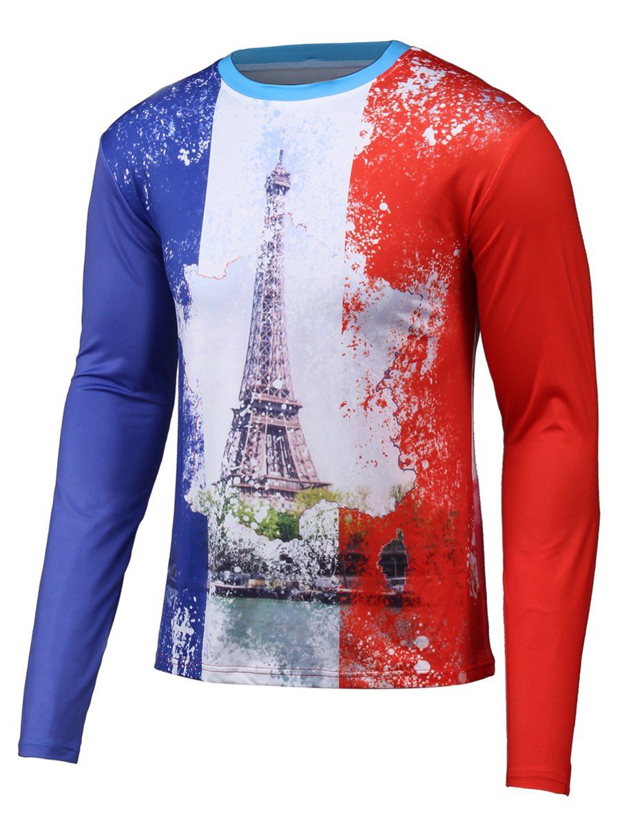 

Long Sleeve Color Splicing 3D Tower Print T-Shirt, Colormix