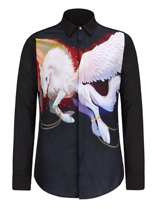 

Turn-Down Collar 3D Pegasus Print Long Sleeve Shirt, Black