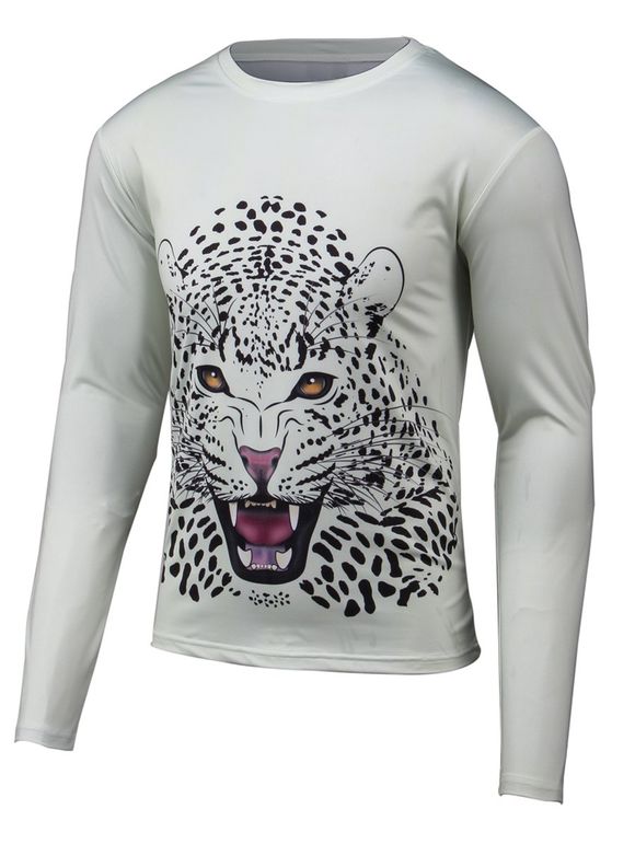Manches longues Leopard 3D Print col rond T-shirt - Blanc M