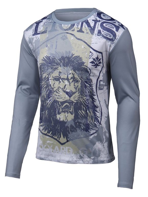 T-shirt col rond manches longues Lion 3D Imprimé - Gris 3XL