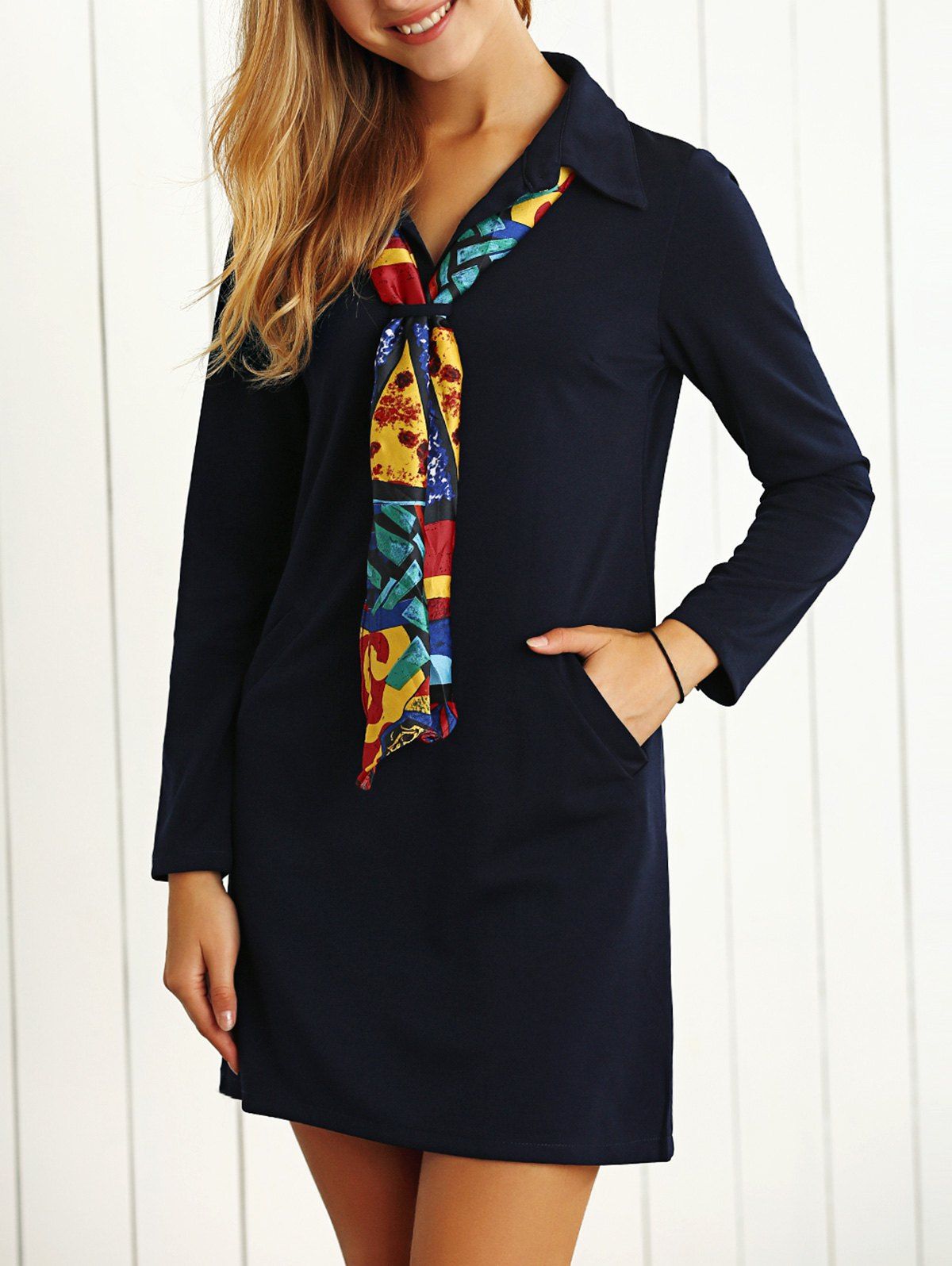 

Long Sleeves Buttoned Shift Work Dress with Scarf, Deep blue