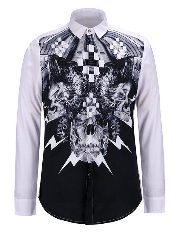 

Turn-Down Collar 3D Abstract Skulls Print Long Sleeve Shirt, White