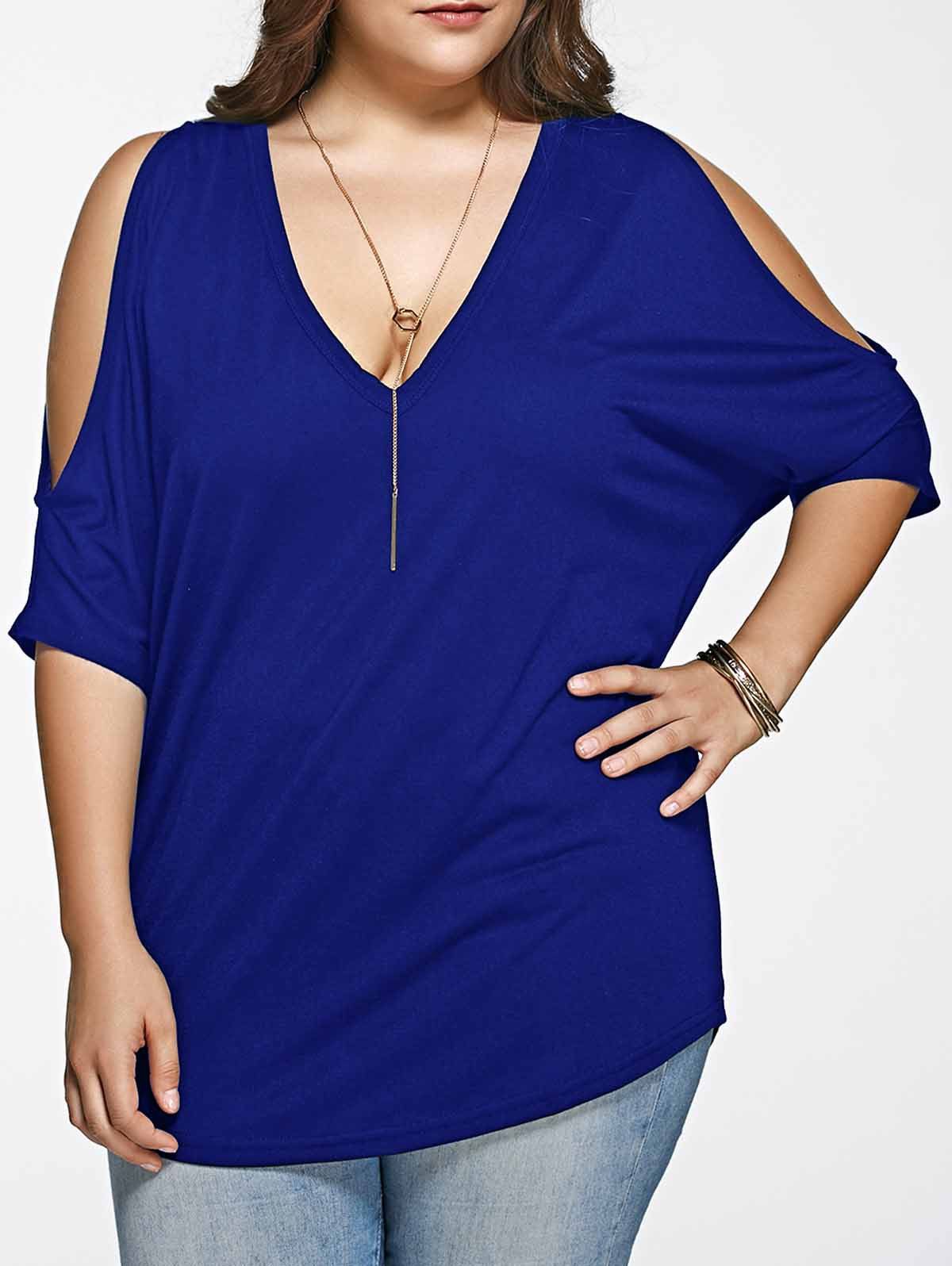 

Plus Size Loose Fitting Cold Shoulder T-Shirt, Sapphire blue