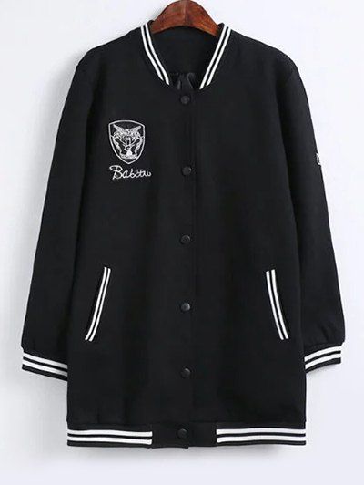 

Stand Collar Striped Hem Badged Jacket, Black