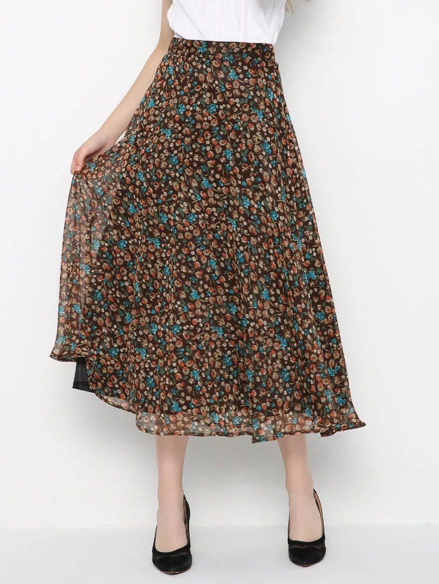 High-Waisted Tiny Floral Print Skirt - BROWN L