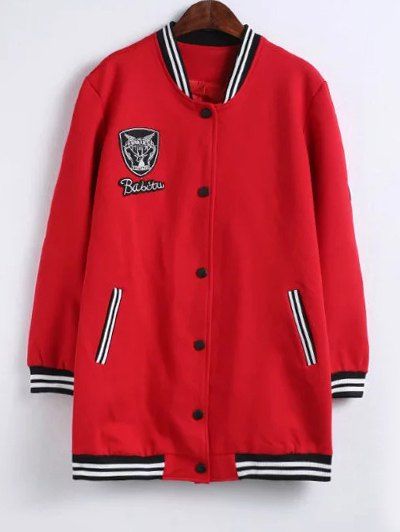

Stand Collar Striped Hem Badged Jacket, Red