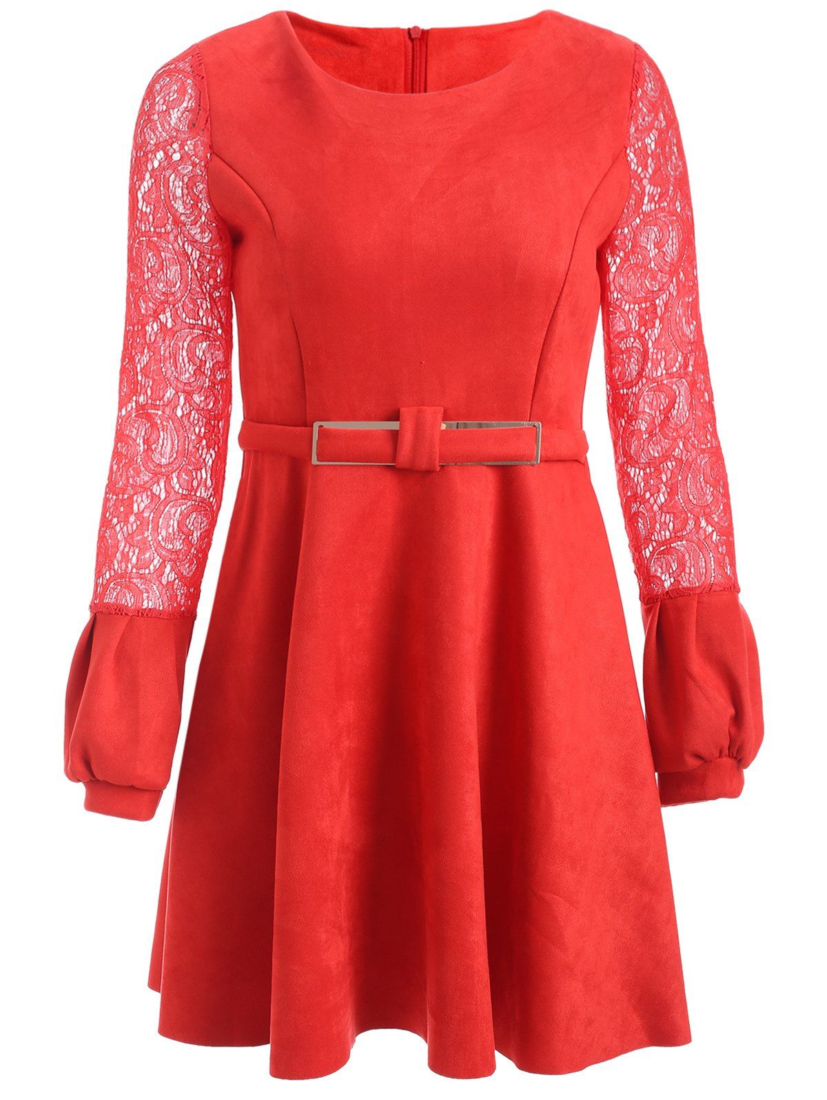 

Long Sleeve Lace Spliced Suede Short Dress, Red