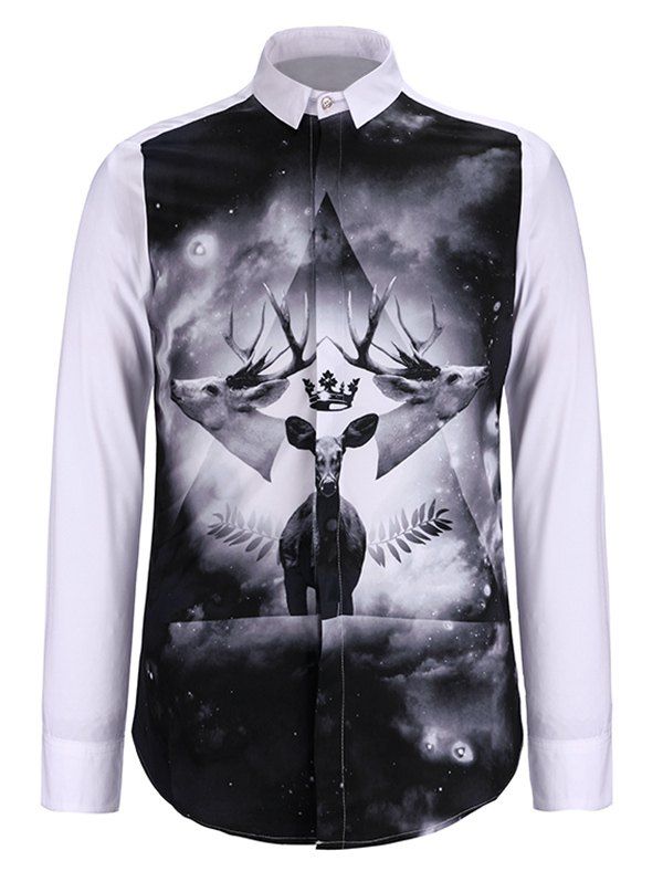 

Turn-Down Collar 3D Symmetrical Elk Print Long Sleeve Shirt, White