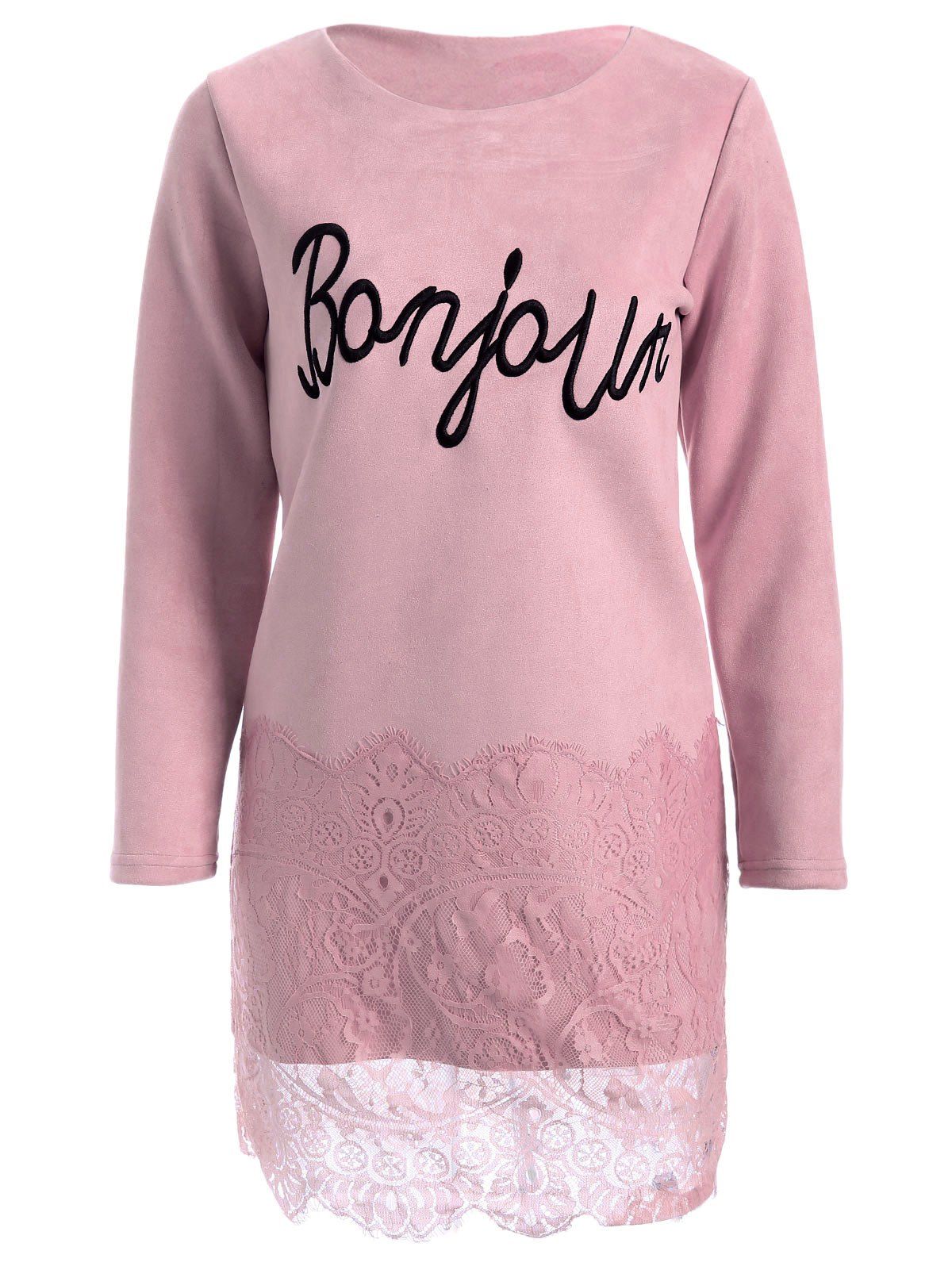 

Long Sleeve Letter Lace Spliced Dress, Deep pink