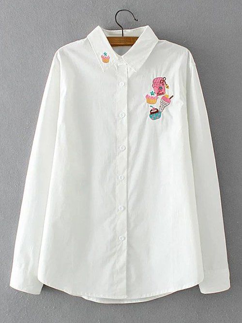 

Long Sleeves Embroidered Cake Pattern Shirt, White