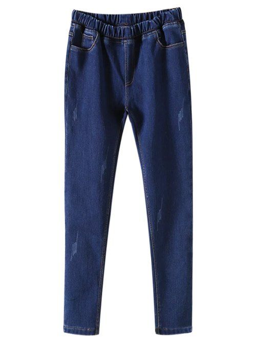 

Elastic Waist Fleece Tapered Denim Pants, Blue