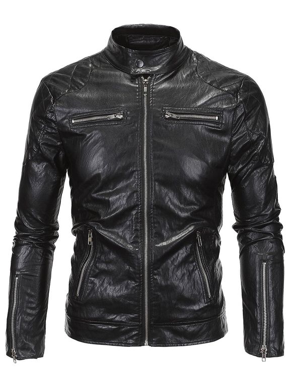 Pied de col Zippered Spliced ​​Faux Leather Jacket - Noir 3XL