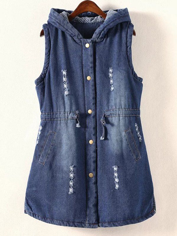 

Frayed Drawstring Hooded Vest, Blue
