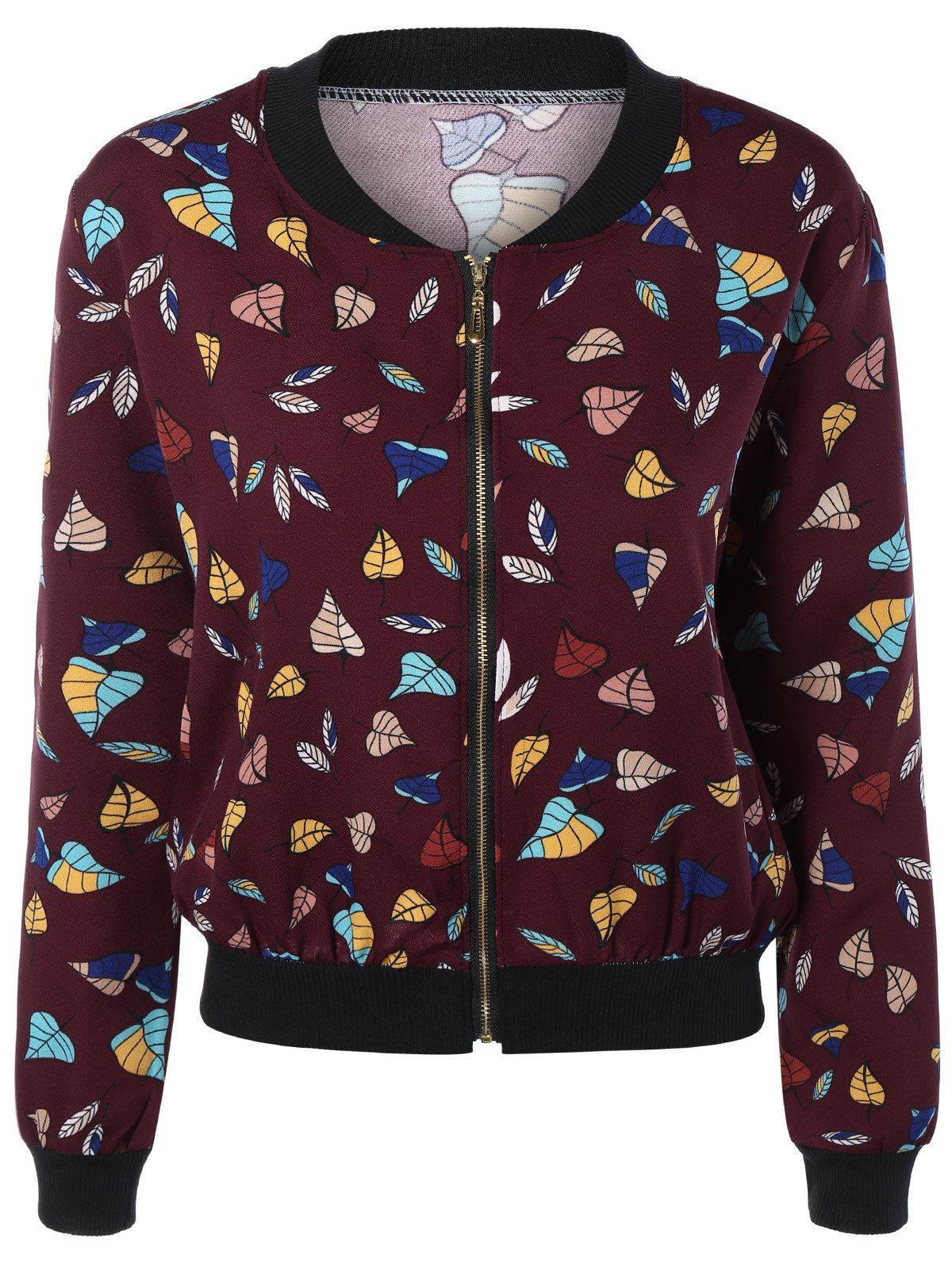 

Leaf Print Pocket Design Zippered Jacket, Deep red