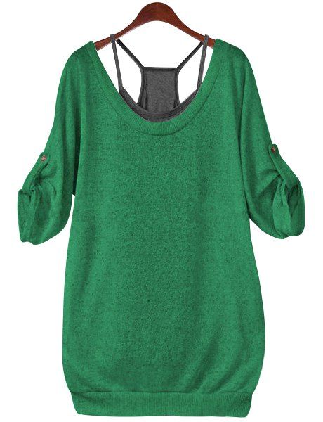 

Stylish Half Sleeve Scoop Neck Hollow Out Lace-Up T-Shirt + Solid Color Tank Top Women' Twinset, Jade green