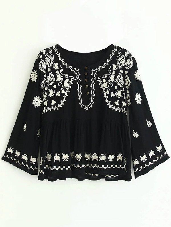 

Embroidered Button Design Ruched Blouse, Black